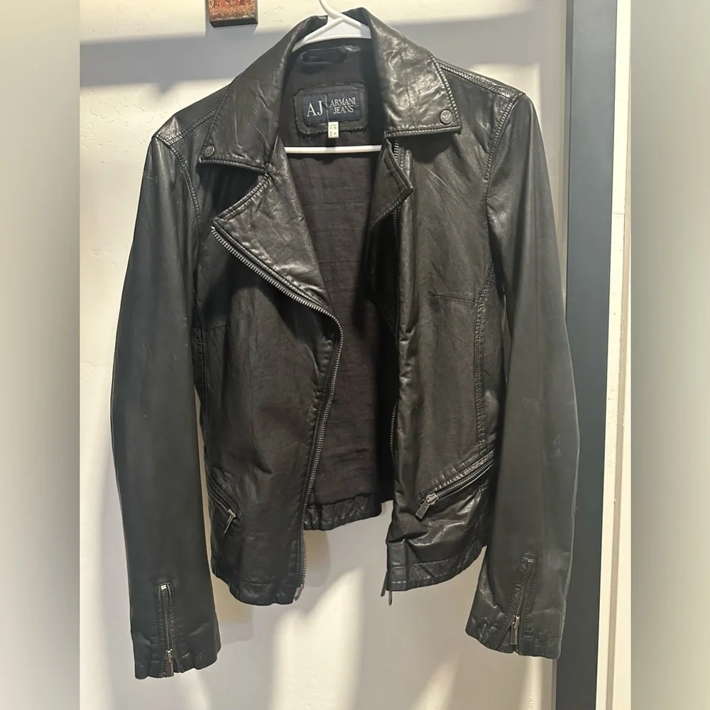 Armani Jeans Black Leather Motorcycle Jacket, Women's Size 6 - Picture 2 of 16